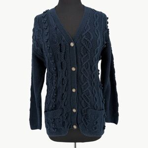 Vintage LL Bean Fisherman Cable Knit Cardigan Size Medium Navy Wool Blend 90s
